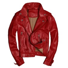 Giacca biker donna vera pelle di agnello rossa moto moto morbida slim fit