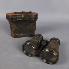 Antico Binocolo Metallo Rivestito Custodia Cuoio Originale Collezione XX Sec.