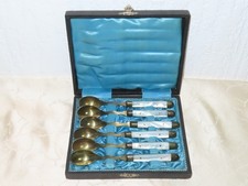 Antico Madre Perla Ottone Cucchiaio Posate! Con Box Posate! 6 Pezzi