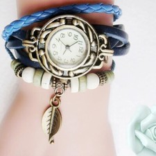 Orologio Donna Bambini Retrò Pelle Carica Bracciale Foglia Retro Pendente