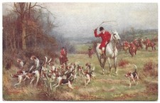 Antica Cartolina ILLUSTRATA: CACCIA ALLA VOLPE, INGHILTERRA, CAVALLI,CANE BEAGLE