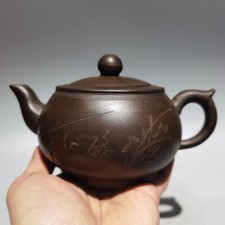Vecchia teiera cinese in argilla Yixing parola intagliata a mano orchidea sabbia viola teiera