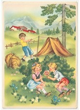 bambini campeggio tenda paesaggio di montagna cartolina d'epoca