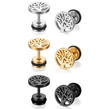 Orecchini 2pz Uomo Donna Acciaio Inox Albero della Vita Tondo Charm Orecchini