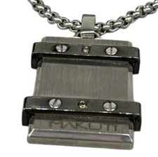 Collana uomo targhetta colore argento nero firmata Makuti 2 Diamanti 0,02 Carati