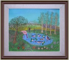 ARTE NAIF laghetto aironi anatre olio tela J. Colonna