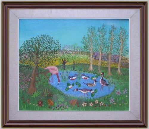 Arte naif laghetto aironi - laghetto,