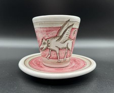 Tazza da tè e piattino Demitasse dipinto a mano Mirta Morigi Faenza con cane volante Italia