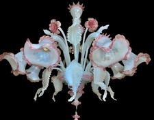 raro e imponente lampadario di Murano a 8 luci in opalino e rosa, 92x96 cm