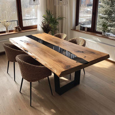 Tavolo da pranzo fiume in resina epossidica noce fatto a mano - design bordo vivo personalizzato