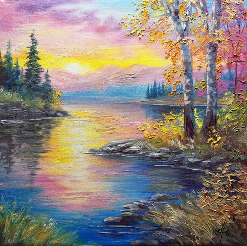 Quadro olio paesaggio lago