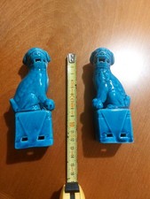 COPPIA DI CANI FO LEONE CINESE Smaltata blu 15cm