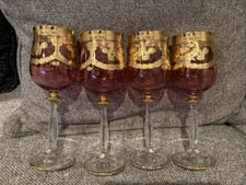 4 Murano Italy J.PREZIOSI LAVORATO A MANO Cranberry Gold Inlay Wine Glass