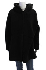 Intrend Womens Faux Shearling Pocketed Buttoned Hooded Jacket Black Size 6