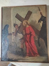 Antico dipinto religioso olio su tela "Gesù porta la Croce".
