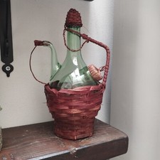 ANTICO DECANTER IN VETRO SOFFIATO IMPAGLIATO PER VINO FIASCO BOTTIGLIA VINTAGE