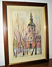 QUADRO vintage Acquerello firmato Belfiore Paesaggio invernale Cornice in legno