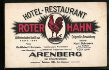 Biglietto rappresentante Arenberg, hotel-ristorante Gallo Rosso, Inh. Karl Schroers, retro 