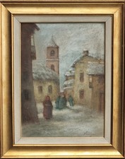 Pietro Piacenza ( Racconigi CN 1879 - 1964 ) Nevicata in paese con figure,  olio