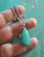 COLLANA DONNA UOMO CON PENDENTE CIONDOLO GOCCIA DI TURCHESE NATURALE E ARGENTO