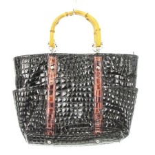 Borsa a tracolla Cocco Fiore in pelle goffrata a 2 vie con manico in bambù nera