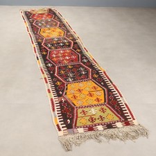 Tappeto Kilim Antico Lana Nodo Extra-Fine Fatto a Mano 430 x 85 cm Originale