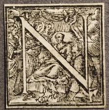 Importante Capolettera  "N"  Scena Religiosa Grafica antica Xilografia Sec. XVI