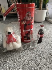 Christmas Santa Coca Cola Tin Gift Set w/ Georgia Contour Glass & Bottle of Coke