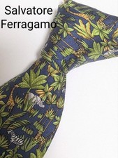 Cravatta collo Salvatore Ferragamo verde navy animali piante 100% seta Made i...