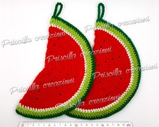 Coppia di presine all'uncinetto a forma di anguria grande