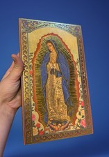 Vintage Signora di Guadalupe icona greca oro targa legno decorazione arte parete cattolica