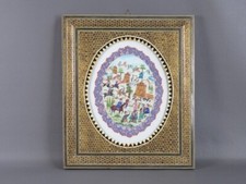 Quadro Orientale dipinto ovale battaglia cornice effetto mosaico vintage XX Sec.
