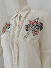 LOVE MOSCHINO pure Silk Top Blouse Shirt Puff Sleeve Floral Embroidery IT40-S-8