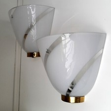 Splendida coppia di applique da parete anni 70 a vortice in vetro di Murano e ottone bianco
