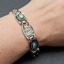 Bracciale Vintage Egiziano Revival Pannello Tono Argento Pietra Scarabei Stile Teal#3