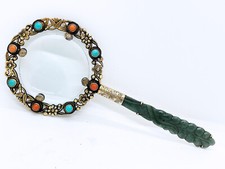 Antica lente d'ingrandimento Cinese export silver vermeil giada corallo