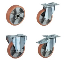 RUOTA POLIURETANO NUCLEO ALLUMINIO CON SUPPORTO ZINC. RUOTE GIREVOLI FISSE FRENO