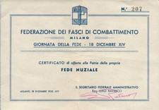 FEDERAZIONE DEI FASCI COMBATTIMENTO MILANO OFFERTA FEDE NUZIALE ORO ALLA PATRIA