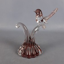 Scultura Vetro Murano Uccellino Su Ramo Bordeaux Sommerso Vintage XX Sec.