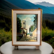 Quadro borgo con torre e cipressi, pittore con firma IP
