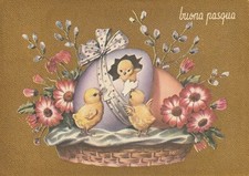 C3 - Cp Cartolina Buona Pasqua Uovo Pulcini Cesta Fiori - Fg Vg 1966