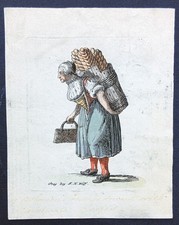 Stampa antica donna pane praga acquaforte F. K. Wolf 1750 circa costume popolare