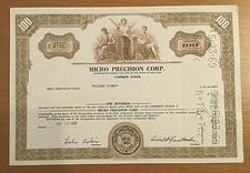 Micro Precision Corp. Certificato 100 azioni - USA 1968