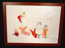 Quadro Gouache Bambini Che Giocano Nella Neve Scuola Francese XX Secolo