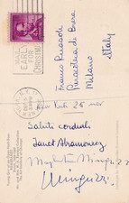 Cartolina ( N.Y. - Milano) 4 cents Lincoln 1956 . Autografo L. Minguzzi scultore