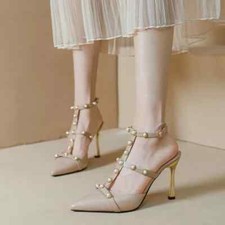 Decolte Scarpe Donna Beige Tacco 11 cm Perle Cinturino Pelle Sintetica 59921