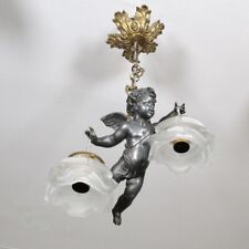Antico lampadario francese paralumi bronzo dorato baldacchino angelo Cupido Eros Putto