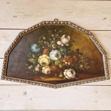 Quadro Olio su legno, natura morta, vaso con fiori Cornice a ventaglio in legno
