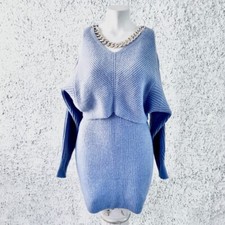 SET COMPLETO MINI ABITO + FELPA CORTA CROP AZZURRO CELESTE CATENA ELEGANTE DONNA
