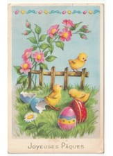 prato fiori pulcini uova decorate cartolina augurale d'epoca Pasqua Paques